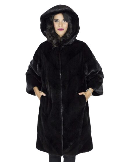 46 Cappotto visone nero cappuccio fur mink Pelz Nerz мех 水貂皮草