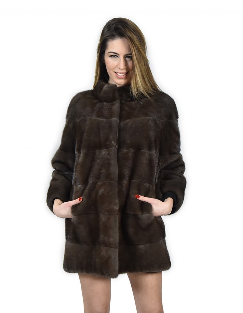 Cappotto pelliccia di visone color asfalto fango taglia 48 collo alto manica 3/4