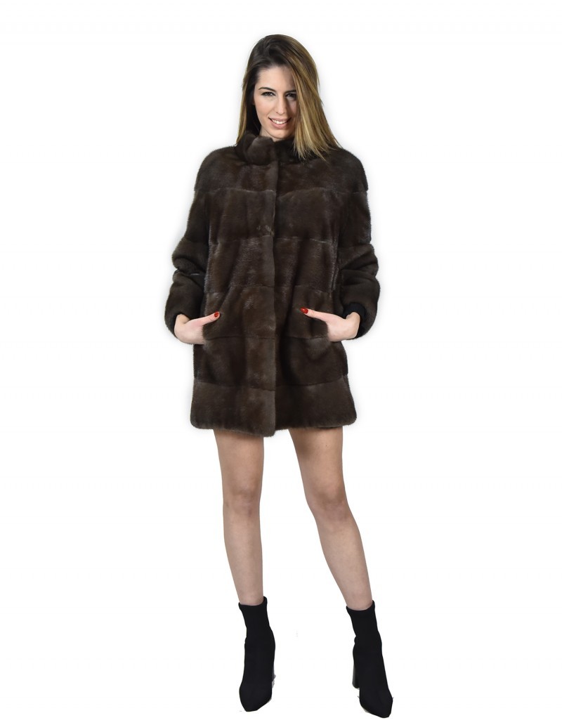 mink fur coat mud-colored asphalt size 48 3/4 sleeve turtleneck - Image 5