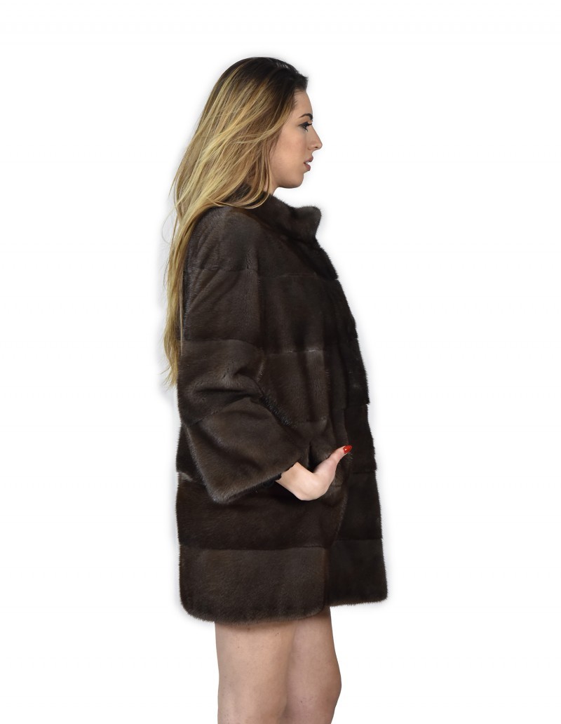 mink fur coat mud-colored asphalt size 48 3/4 sleeve turtleneck - Image 4