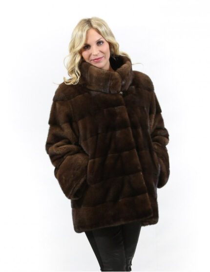 50 Pelliccia cappotto in visone orizzontale scanbrown braschi a collo alto