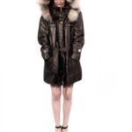 53 PUFFER JACKET BROWN SHINY HOOD DETACHABLE EDGED FOX AND COATING OF PAINT