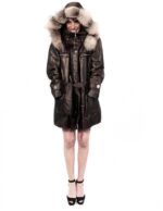 53 PUFFER JACKET BROWN SHINY HOOD DETACHABLE EDGED FOX AND COATING OF PAINT