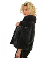 44 mink dark denim jacket with transverse machining with leather inserts piping neck - Image 3