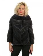 44 giacca visone dark denim con lavorazione trasversale con collo pistagna con inserti pelle