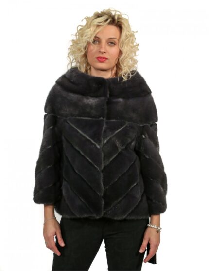 44 giacca visone dark denim con lavorazione trasversale con collo pistagna con inserti pelle