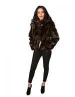 Women's Mahogany Fur 48 Jacket Hooded and Horizontal Knitting Drawstring Waist - Image 4