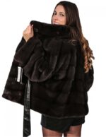 MINK FUR COAT WOMAN HORIZONTAL BELT WITH LEATHER INTERIOR WITH KOREAN NECK - Image 6