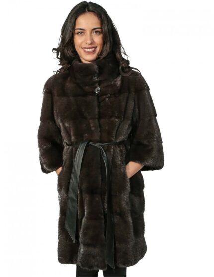 PELLICCIA DONNA CAPPOTTINO VISONE 48 DYED AURORA ORIZZONTALE CON COLLO PISTAGNA E MANIC 3/4