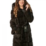 46 PELLICCIA DONNA CAPPOTTO VISONE AURORA CON CAPPUCCIO CINTURA E SPACCHI LATERALI ORIZZONTA