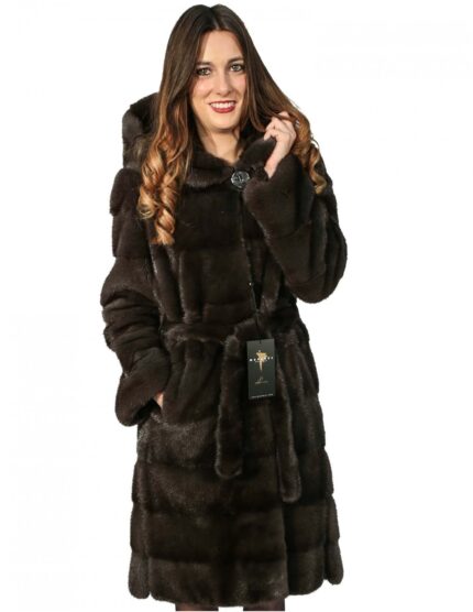 46 PELLICCIA DONNA CAPPOTTO VISONE AURORA CON CAPPUCCIO CINTURA E SPACCHI LATERALI ORIZZONTA