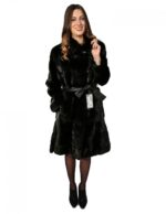 46 Pelliccia donna cappotto visone nero con collo pistagna e spacchi fur mink Pelz Nerz меха fourrure
