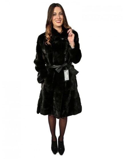 46 Pelliccia donna cappotto visone nero con collo pistagna e spacchi fur mink Pelz Nerz меха fourrure