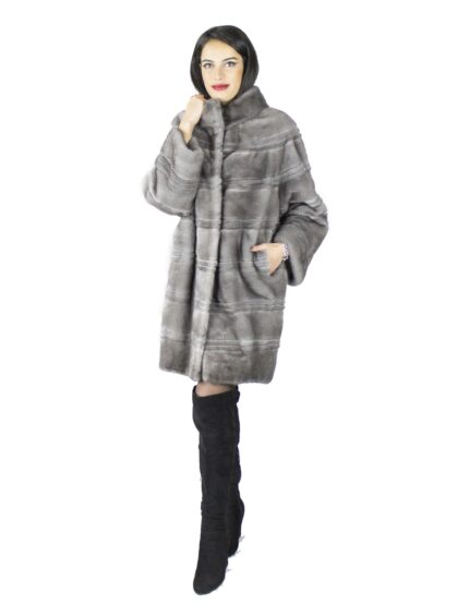42 Cappotto donna pelliccia di visone grigio chiaro lungo orizzontale Braschi Studio B