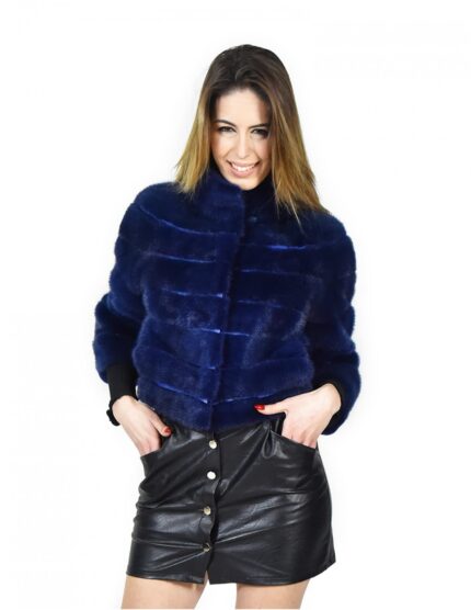 42 Giacchino donna visone lapis blu orizzontale pelliccia collo a giro trasporto pelle fur mink pelz nerz норка fourrure vison