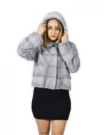 44 Giacca pelliccia visone orizzontale zaffiro cappuccio 58 cm fourrure de vison mink fur Nerz