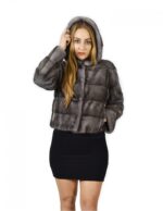 48 Giacca pelliccia visone orizzontale blue irish cappuccio fourrure de vison mink fur Nerz