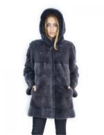 50-52 Cappotto pelliccia visone orizzontale blu antracite 81 cm con cappuccio ampio