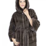 Giacca mantella Pelliccia visone cappuccio 48 color tortora con cintura interna visibile