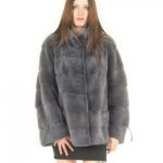 Giacca pelliccia visone donna orizzontale antracite blu 52 coulisse maniche