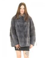 Giacca pelliccia visone donna orizzontale antracite blu 52 coulisse maniche