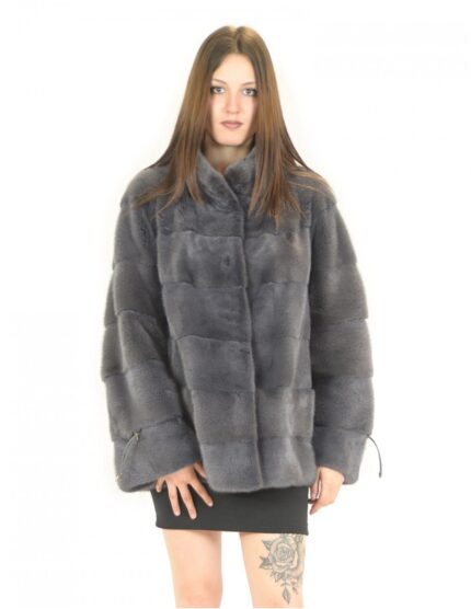 Giacca pelliccia visone donna orizzontale antracite blu 52 coulisse maniche