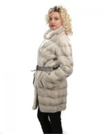 46 Pelliccia visone donna cappotto Braschi whisper white orizzontale con collo ampio e cintura pelle