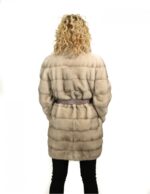 46 Pelliccia visone donna cappotto Braschi whisper white orizzontale con collo ampio e cintura pelle