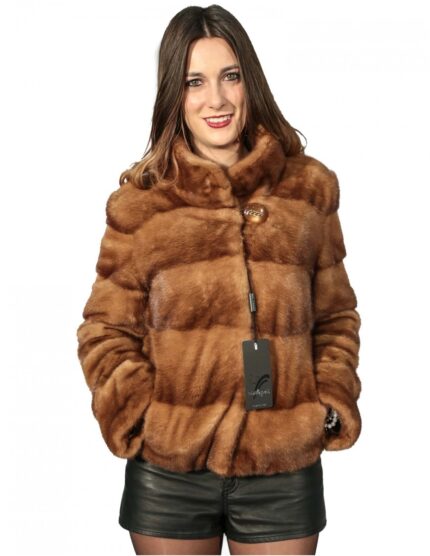 42 pelliccia donna blouson visone golden con lavorazione orizzontale con collo pistagna