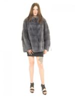 Fur mink jacket anthracite blue horizontal women 52 drawstring sleeves - Image 5