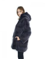 50-52 Cappotto pelliccia visone orizzontale blu antracite 81 cm con cappuccio ampio