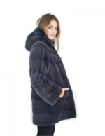 50-52 Cappotto pelliccia visone orizzontale blu antracite 81 cm con cappuccio ampio