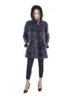 50-52 Cappotto pelliccia visone orizzontale blu antracite 81 cm con cappuccio ampio