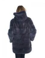 50-52 Cappotto pelliccia visone orizzontale blu antracite 81 cm con cappuccio ampio