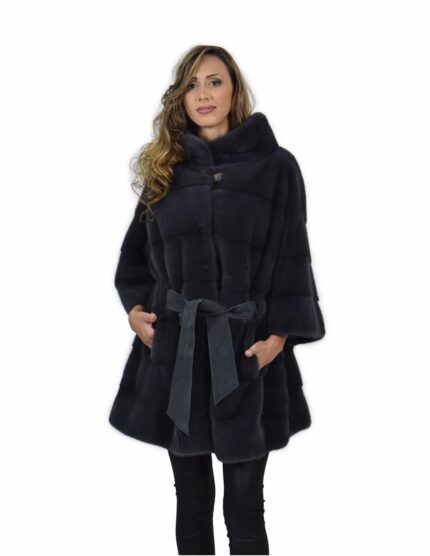 Cappotto mantella 54 visone pelle intera orizzontale colore blu antracite con cinta in pelle pistagna