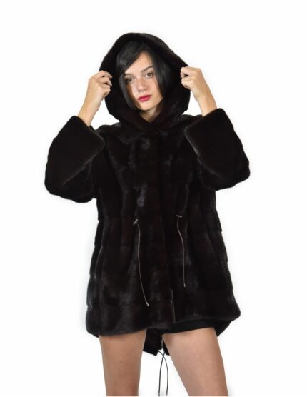 Giacca pelliccia coulisse esterna cioccolato 52 cappuccio visone orizzontale