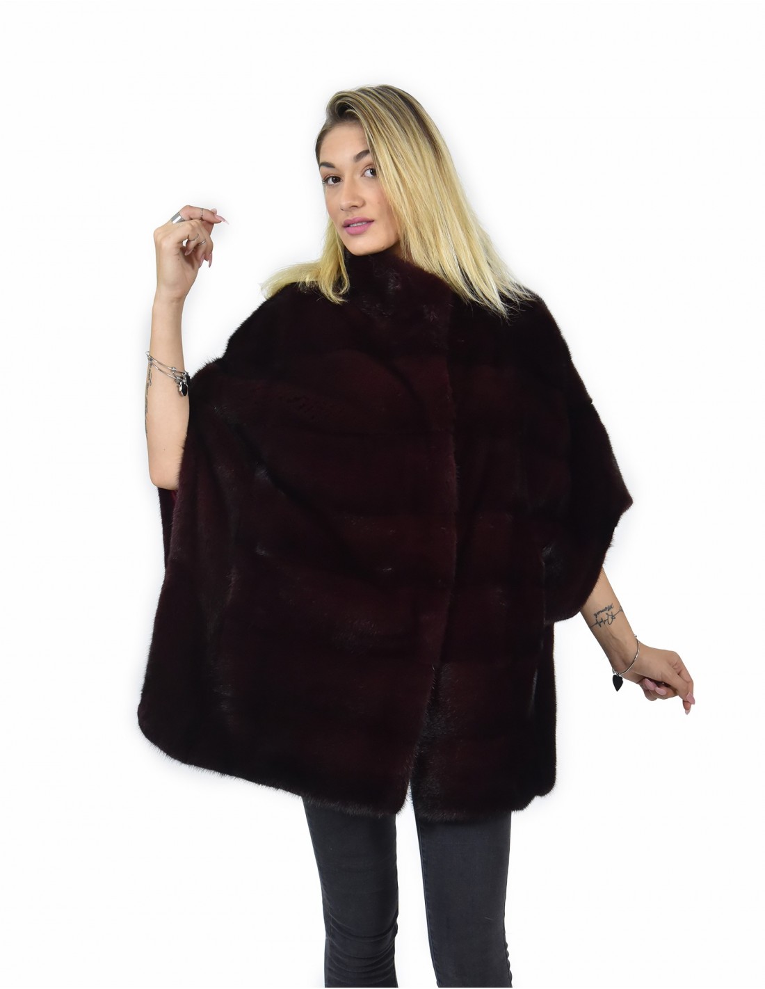 48-54 mink cape horizontal burgundy full leather lining and silk piping - Image 1