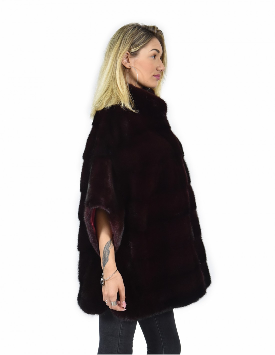 48-54 mink cape horizontal burgundy full leather lining and silk piping - Image 3