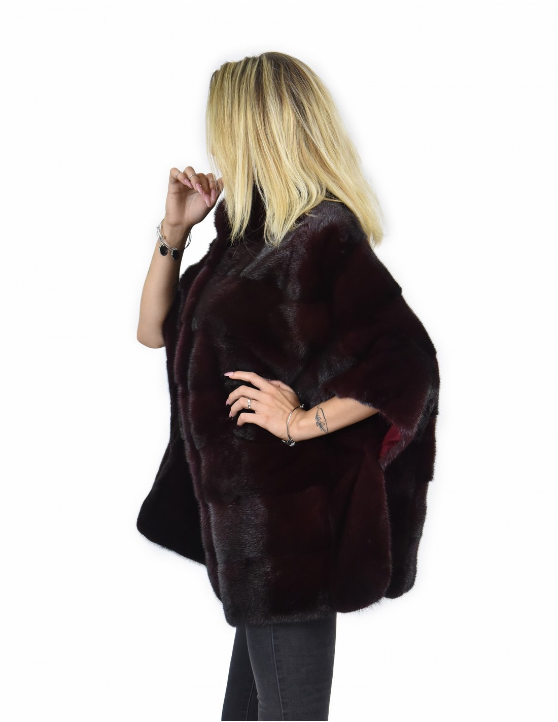 48-54 mink cape horizontal burgundy full leather lining and silk piping - Image 2