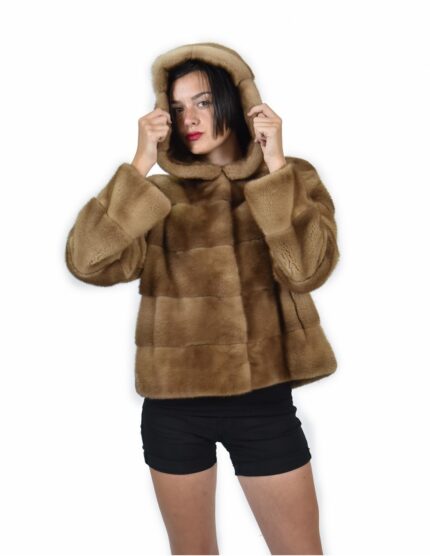 44 Giacca colore redglow pelliccia visone pelle intera orizzontale 61 centimetri cappuccio