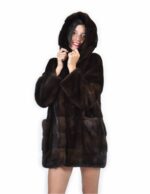 44 Pelliccia di visone orizzontale fondo e maniche e pelle intera cappotto mogano cappuccio