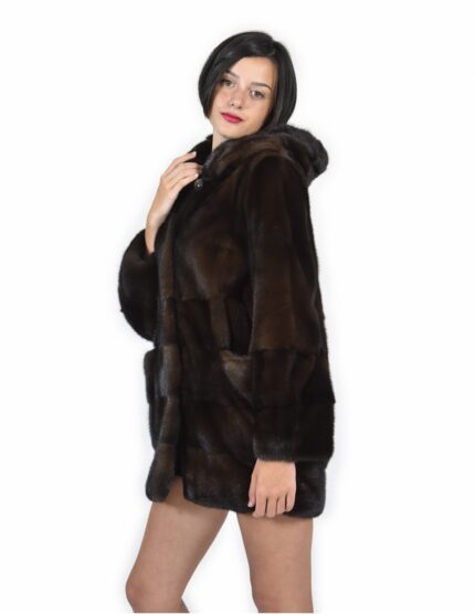 52 Pelliccia di visone orizzontale fondo e maniche e pelle intera cappotto mogano cappuccio