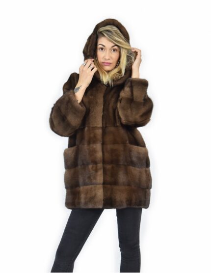 50 Pelliccia di visone demi orizzontale fondo e maniche e pelle intera cappotto cappuccio