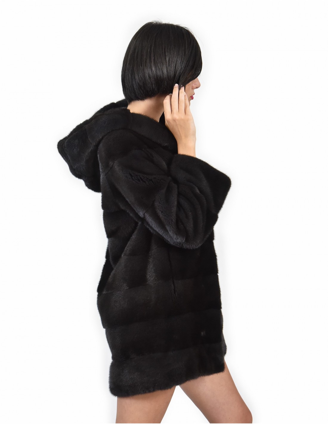 Mink coats size 42 graphite horizontal entire skin Long Sleeve Hooded - Image 4