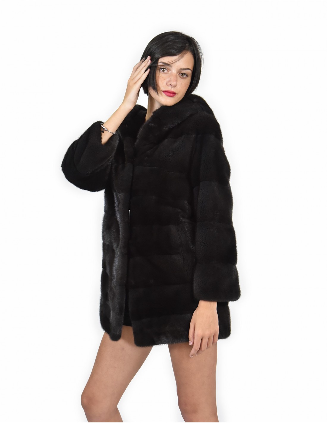 Mink coats size 42 graphite horizontal entire skin Long Sleeve Hooded - Image 3