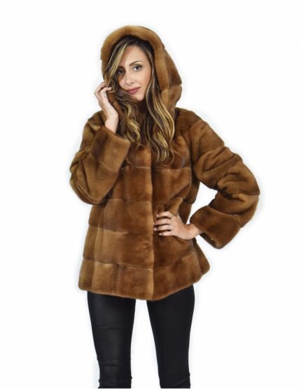 46 Giacca 71 centimetri colore gold pelliccia visone pelle intera orizzontale cappuccio