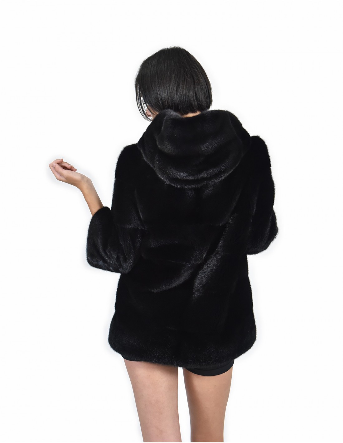 Норковая шуба Размер 48 Черный цвет Полная кожа Горизонтальный 3/4 Рукав Капюшон — изображение 6