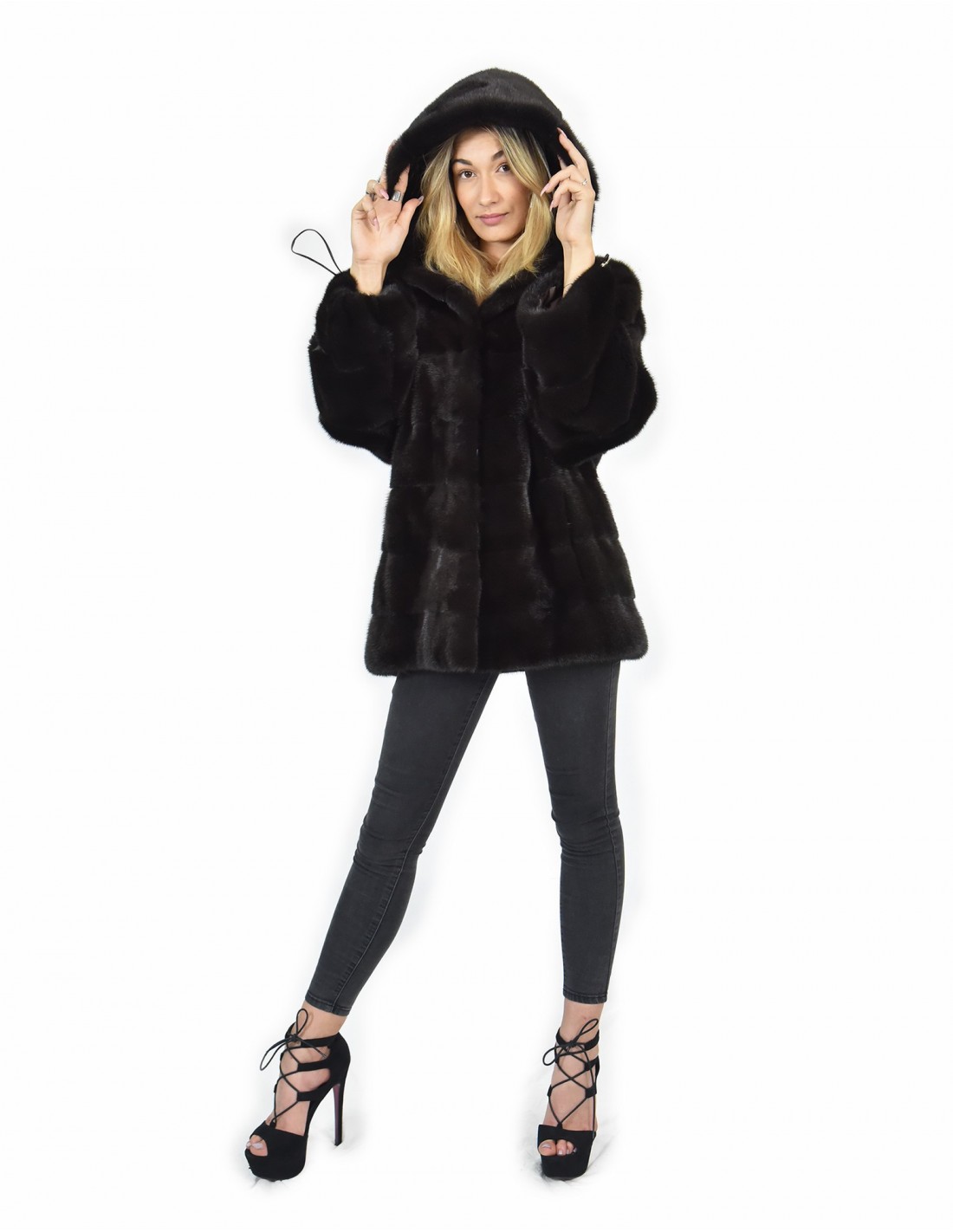 Nerzpelzmantel Größe 46 Hautfarbe horizontal ganz aurora Hülse lang mit Kapuze – Bild 5