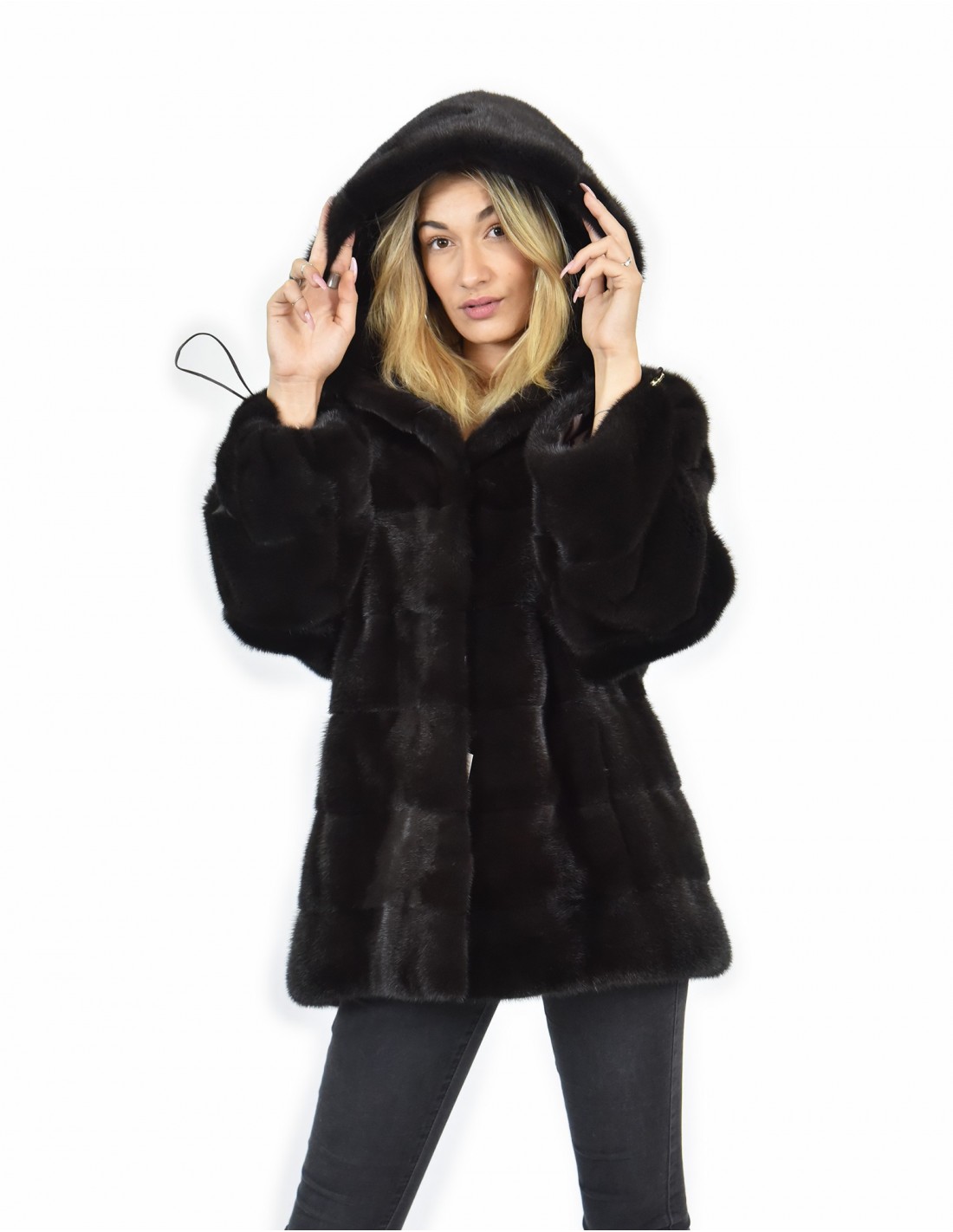 Pelliccia di visone cappotto taglia 46 colore aurora pelle intera orizzontale manica lunga cappuccio