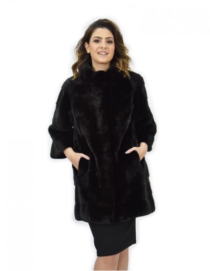 Cappotto 42 nero pelliccia visone pistagna pelli intere 82cm manica 3/4